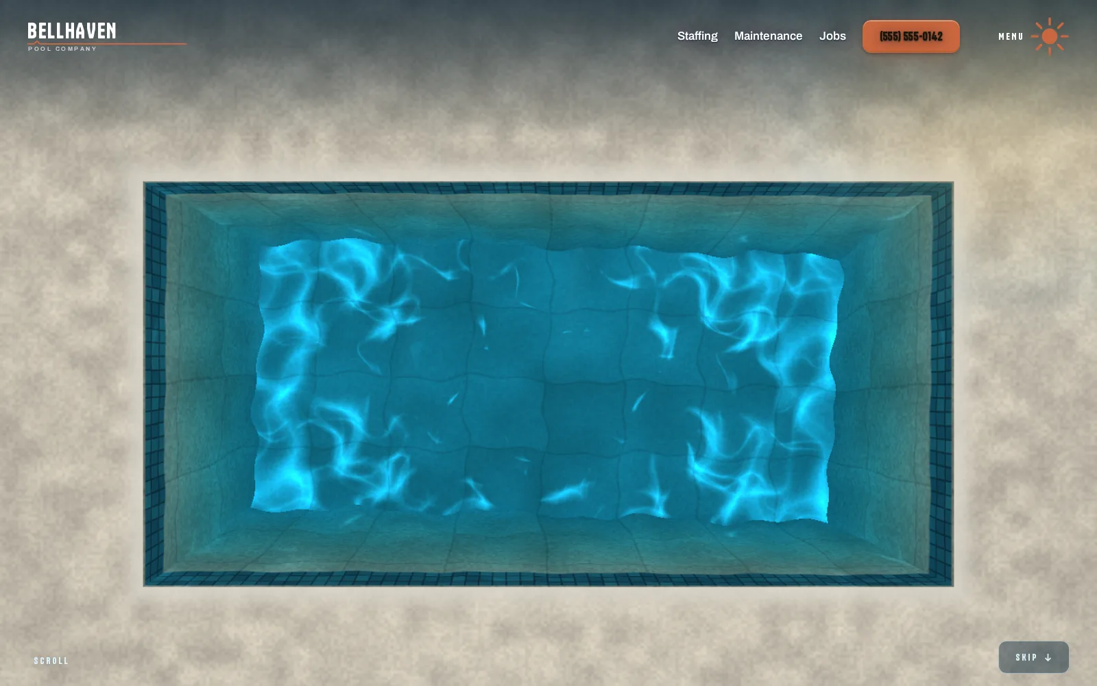 The Bellhaven Pool Company demo home page, a swimming pool seen from directly above with light moving across the water