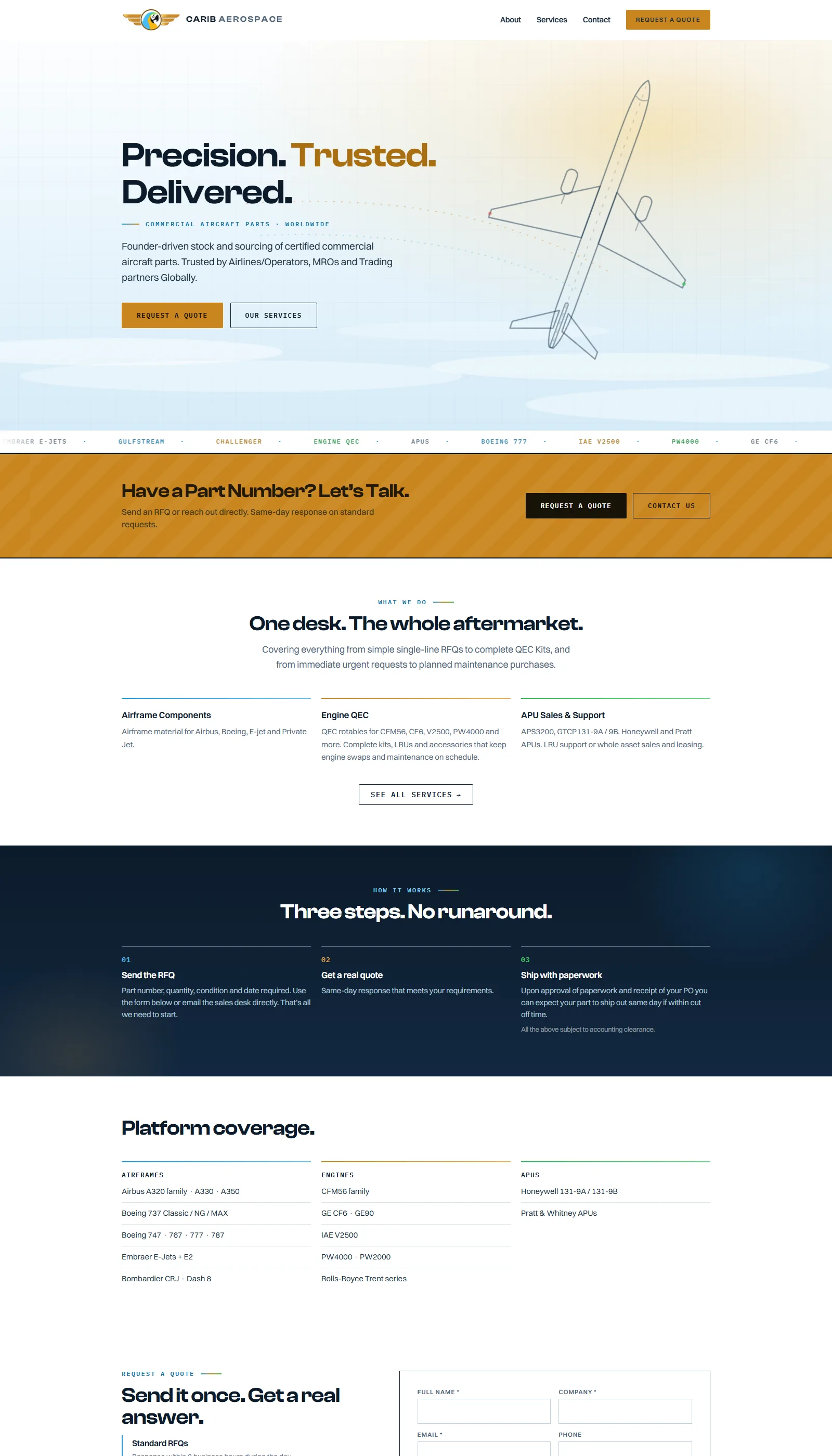 The Carib Aerospace website home page, a live site built for a real client