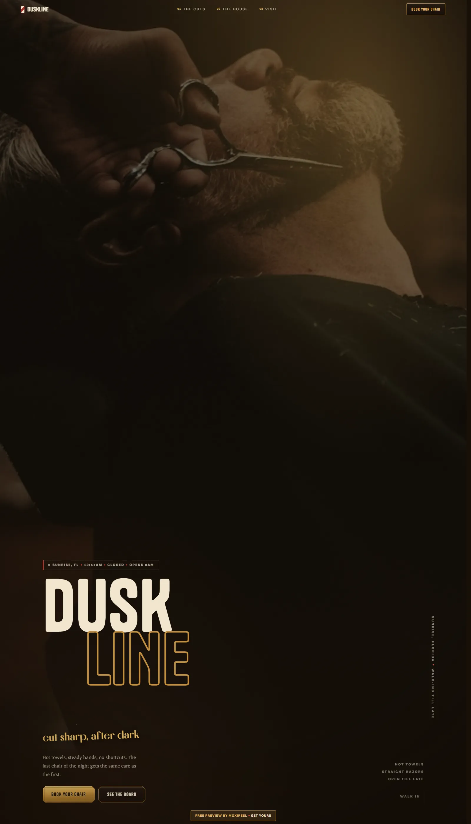 The Duskline Barber Co. demo website home page, a barbershop concept